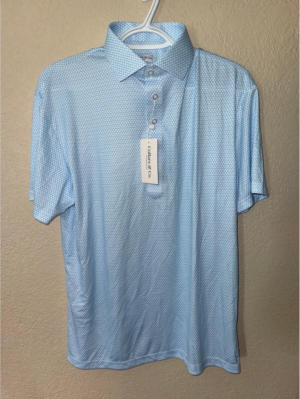 Collars & Co Performance Polo Shirt Men’s Medium – Blue Micro Print NWT